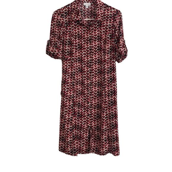 J. Jill Red Black White Geometric Button Front Shirt Dress Roll Tab Sleeves 2P - Picture 2 of 9